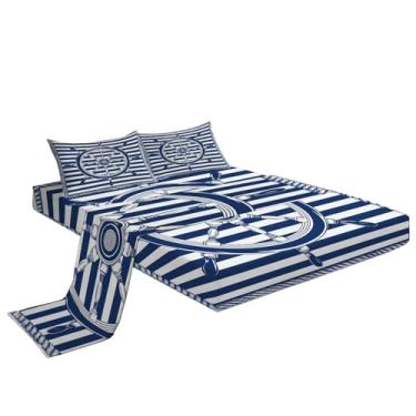 Imagem de Eojctoy Jogo de lençol ultramacio, 4 peças, leme náutico, listras azuis, lençol de cama e fronhas, fácil de cuidar com lençol Queen de 40,6 cm, confortável e respirável ajustado para casa
