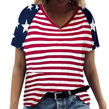 Imagem de Camiseta feminina com estampa de estrela da bandeira dos EUA, blusas de 4 de julho, gola V, caimento solto, túnica, camiseta do Dia da Independência, D, M