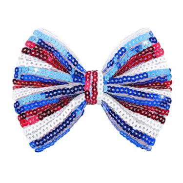 Imagem de Lanmerry Grampos de cabelo para meninas, 4 de julho, acessórios de cabelo para meninas, 12,7 cm, laços grandes, presilhas de bebê, lantejoulas, laços de torcida, vermelho, azul, glitter,