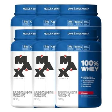 Imagem de Kit 6 100% Whey Max Titanium Pote 900g Morango Suplemento