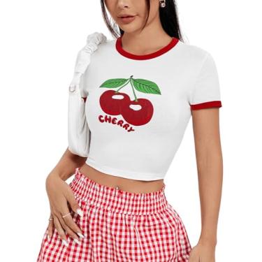 Imagem de Floerns Camisetas femininas de manga curta com estampa de letras contrastantes, Creme branco, M