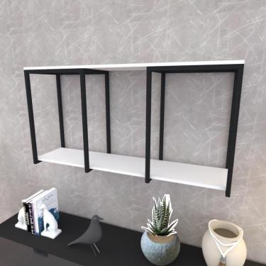 Imagem de Prateleira Industrial Suspensa Estante Parede Nicho Branca Ferro E Madeira Suporte Pratileira