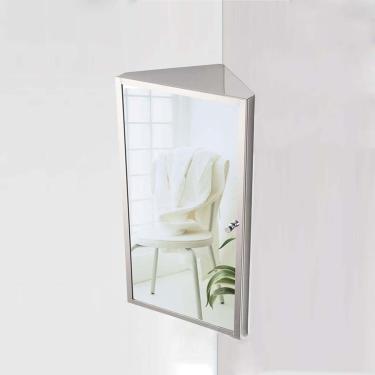 Imagem de Armário de canto com espelho, armário de armazenamento de banheiro de aço inoxidável montado na parede com 2 prateleiras e porta de espelho, armazenamento triangular suspenso para espaço peq