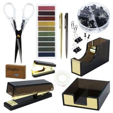 Imagem de MultiBey Grampeador e dispensador de fita adesiva de acrílico dourado preto com notas adesivas, 950 grampos e fita, removedor de grampo, tesoura, caneta esferográfica, conjunto de clipes de papel para