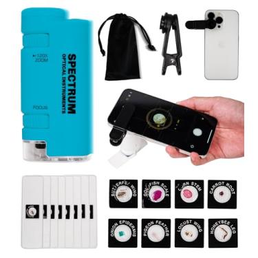 Imagem de Mini microscópio para crianças, microscópio portátil 60X - 120X para crianças, microscópio portátil com 8 slides Spicemen, microscópio infantil para estudantes, microscópio azul