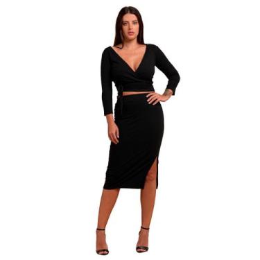 Imagem de Conjunto Feminino Plus Size Slim Transpassada Cropped Envelope Saia Mi