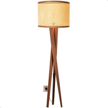 Imagem de Luminária de Chão Paris com Pés de Madeira e Tela Indiana Marrom 158cm