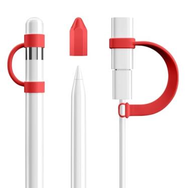 Imagem de DTTO Pacote com 4 acessórios de silicone para Apple Pencil 1ª geração, acessórios de proteção antiperda incluem suporte de tampa de lápis, capa de ponta, cabo adaptador de cabo, vermelho