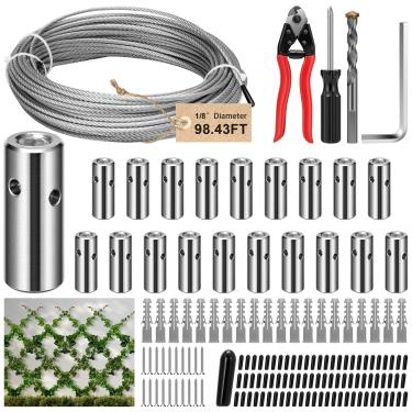 Imagem de VIVOSUN Kit de Treliça de Arame com 20 Conjuntos de Suportes e Cabo de Aço de 98,4 Pés, Kit de Treliça de Cabo de Espaldeira de Aço Inoxidável 316 para Trepadeiras, Videiras e Parede Verde
