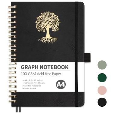 Imagem de RETTACY Caderno de papel quadriculado gráfico, 110 páginas, tamanho grande A4 (21 x 28 cm), 5 quadrados por polegada, capa dura de couro, papel grosso 100 GSM, para escola, estudantes, matemática