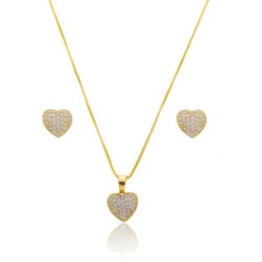 Imagem de Conjunto Kit Brinco Colar Coração Delicado Banho de Ouro 18k - Enzara 