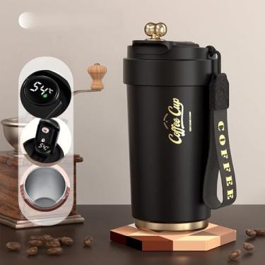 Imagem de Xícara de café, caneca de café de viagem isolada, à prova de vazamento, portátil, para acampar, copo de café de aço inoxidável, reutilizável, com tampas, térmico para bebidas quentes e frias (preto