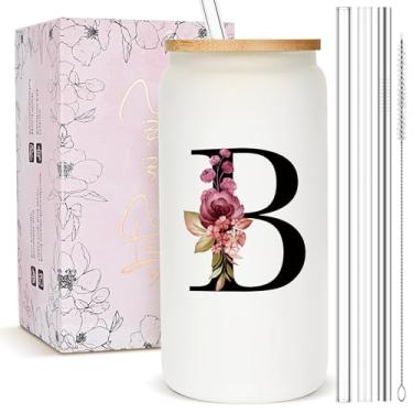 Imagem de Presentes personalizados para mulheres, copo de vidro fosco monograma com canudo e tampa, caneca personalizada fofa, copos de café gelado com inicial personalizada, copo de bebida personalizável,