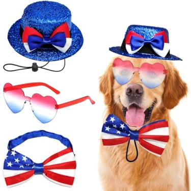 Imagem de 3 peças de fantasia de cachorro para eleição do presidente americano Make America Great Again chapéu bandeira dos EUA gravata borboleta óculos de sol patrióticos roupas para cães de porte médio grande