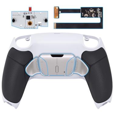 Imagem de eXtremeRate Kit de remapeamento RISE4 com botões metálicos reais prateados (RMB) para controle PS5 BDM-010 020 com revestimento traseiro branco redesenhado, placa de atualização e 4 botões traseiros