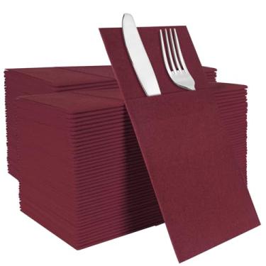 Imagem de IYLLLWLY Guardanapos de papel bordô descartáveis, guardanapos de jantar com bolso de talheres embutido, pré-dobrados para facas e garfos, guardanapos de mão com sensação de linho para festas,
