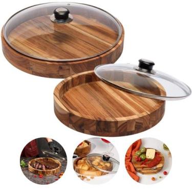 Imagem de Kit 2 Gamelas De Madeira 36,5cm e 30cm com Tampa de Vidro Premium - Mo