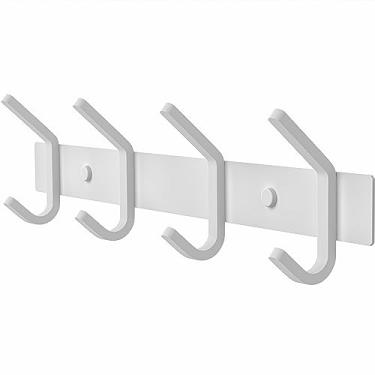 Imagem de SAYONEYES Suporte de parede para cabide branco – Trilho de gancho de aço inoxidável de 30 cm com 4 ganchos de revestimento duplo resistentes – Cabide de parede para entrada, banheiro, quarto, toalha