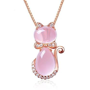 Imagem de YOUMIYA Colar com pingente de gato, presente feminino, cristal de ouro rosa, pingente de pedra de quartzo rosa, presente romântico de aniversário e casamento (ouro rosa), Revestimento de cobre e