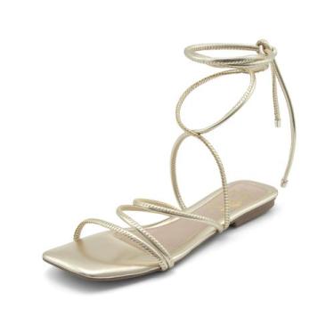 Imagem de Sandália Rasteira Feminina Delicada Dourada de Amarrar - Rizzi Shoes, 