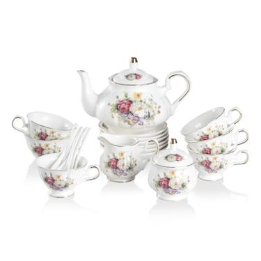 Imagem de Sweejar Conjuntos de chá de porcelana, conjunto de xícara e pires vintage floral britânico com borda dourada, conjunto de chá para 6 pessoas, com bule de chá, açucareiro, jarro de leite, colheres,
