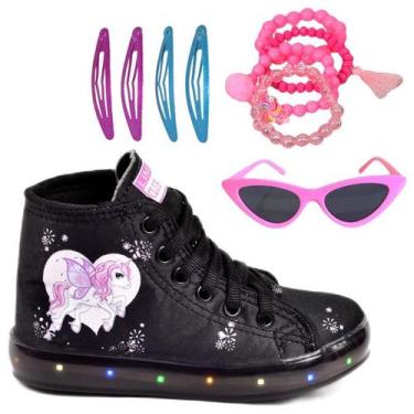 Imagem de Tênis Botinha Infantil Feminino De Led Unicórnio Cano Alto +Óculos+Tic