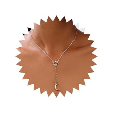Imagem de Xduargs Colar Boho com pingente de sol e lua dourada vintage Y Lariat gargantilha vazada ajustável para mulheres, Zinco, Sem Pedra Preciosa