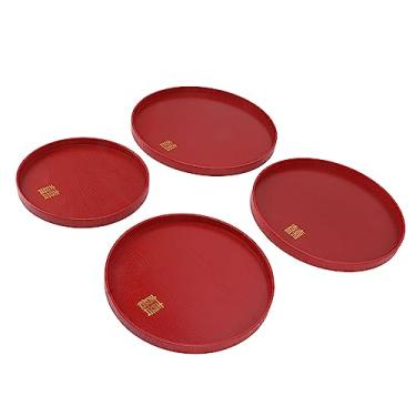 Imagem de Bandeja de lanche de chá de casamento vermelha estilo chinês estrutura firme salver de doces de frutas de madeira para casamentos em estilo chinês, conjunto de 4 (redondo)