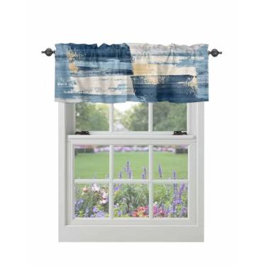 Imagem de Cortina para janelas pintura abstrata grafite arte treliça haste bolso sanefa tratamentos de janela azul branco cortinas curtas para cozinha janelas sala de estar quarto decoração 137 x 45 cm