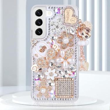 Imagem de Guppy Capa para Galaxy A56 Bling Case, 3D Bling Brilhante Strass Diamante Pérola Pingente Feito à Mão Torre de Ferro Abóbora Carro Flores Capa Protetora Macia Antiqueda para Galaxy A56 (Transparente)