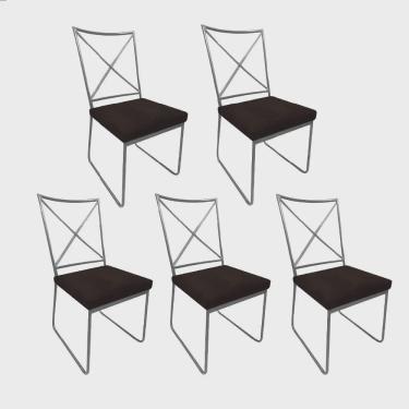 Imagem de Kit 05 Cadeiras Sala de Jantar Escritório Office Clark Industrial Ferro Prata Sintético Marrom - Ahz Móveis