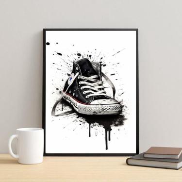 Imagem de Quadro Aquarela Tênis Cano Alto Preto 45X34Cm - Com Vidro