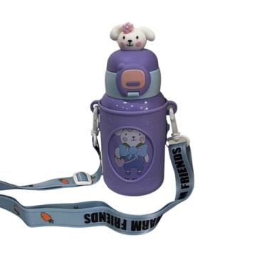 Imagem de Garrafa Térmica Infantil 450ml Inox Parede Dupla com Alça Ajustável e Canudo de Silicone (Lilás | Coelhinho)