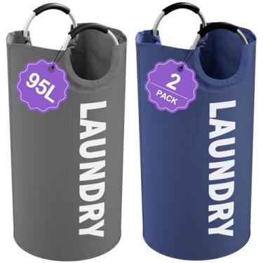 Imagem de IHOMAGIC Pacote com 2 cestos de roupas grandes de 95 L, cestos de lavanderia dobráveis com alças, cesto de roupas sujas que se levanta bem, bolsa de roupa suja para banheiro, viagem, cinza/azul