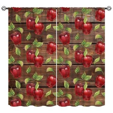Imagem de Cortinas de maçãs doces, maçãs frescas, frutas, rústico, fundo de madeira, tema de vida saudável, cortinas de janela para cozinha, quarto, sala de estar, 107 cm L x 114 cm C (blackout 30%)