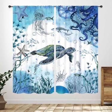 Imagem de Cortina de tartaruga marinha, azul náutico, azul-petróleo, oceano, peixe, concha, água-viva, tema costeiro, tratamentos de janela para quarto, sala de estar, banheiro, 2 painéis, 106 x 113 cm