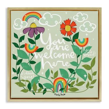 Imagem de Stupell Industries Arte de parede em tela flutuante emoldurada dourada com frases "Welcome Here Comforting Welcome Her", design de Mandy Ford Art + Ilustração, 63 x 63 cm