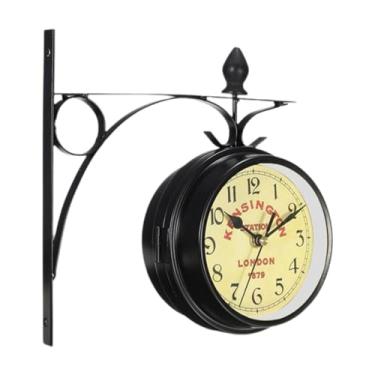 Imagem de XLWLLNJ Relógio de estação dupla Relógio de parede Relógio antigo Design retro silencioso Montado para o quarto interno Cozinha ao ar livre em casa