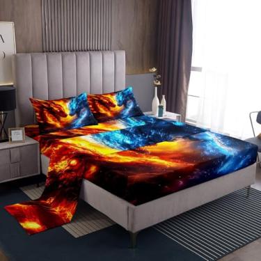 Imagem de Erosebridal Jogo de lençol solteiro com estampa de animais selvagens mágicos e dragões de fogo no gelo, desenho de vida selvagem, desenho de vida selvagem, lençol com elástico alto, lençol de cima