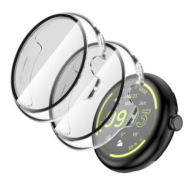 Imagem de AMANECER Pacote com 2 capas protetoras de tela para Pixel Watch 3 de 45 mm, capa antirarranhões com vidro temperado ultrafino 11H sensível ao toque, capa rígida à prova de poeira para Google
