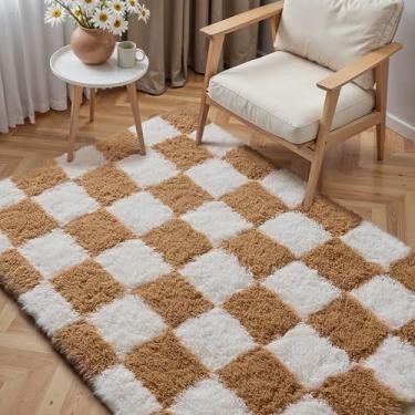 Imagem de PureCozy Tapete quadriculado 7 x 12 cm para sala de estar, bege e branco, moderno, supermacio, lavável, tapete felpudo antiderrapante para quarto, casa, decoração estética