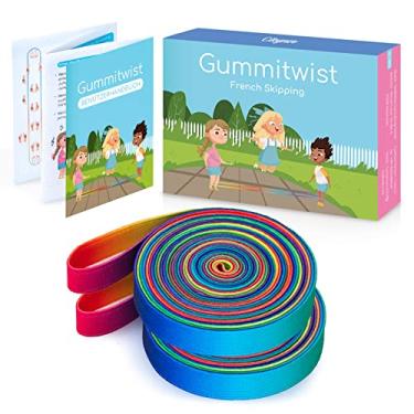 Imagem de Cikyner Corda chinesa de saltar, pacote com 2 cordas chinesas elásticas de 4 m de comprimento e 1,5 cm de largura com instruções para crianças pular arco-íris para crianças jogos de salto interno e