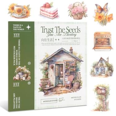 Imagem de RISYPISY Suprimentos de adesivos de jornal de jardim, livro de adesivos Washi fosco para diário de adultos, 50 folhas, materiais de scrapbook pré-cortados para bujo planner colagem artesanato
