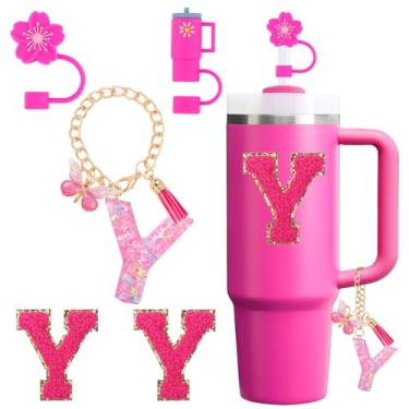 Imagem de QUNNDY Conjunto de acessórios para copo Stanley Cup 850.5 g 1,134.0 g copo com alça, incluindo tampa de cobertura de palha de silicone, pingente de alça, adesivo de iniciais fúcsia (Y)