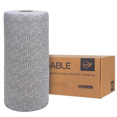 Imagem de Rolo lavável de toalhas de papel reutilizáveis: pacote com 50 toalhas de papel sem papel, pano rasgado, 30 x 30 cm, ecológico, absorvente para cozinha, zero desperdício (geométrico branco)