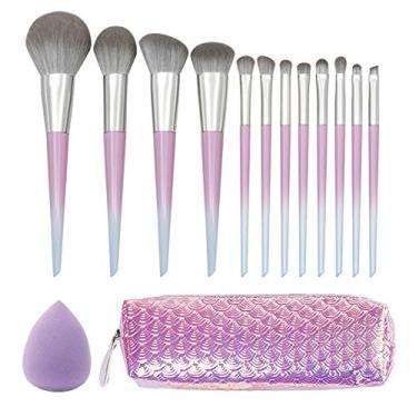 Imagem de Conjunto de 12 pincéis de maquiagem cinza com alça gradiente com bolsa de cosméticos e ferramentas de maquiagem para ovos, contorno, base de blush, corretivos, marcadores de sombras, kits de pincéis