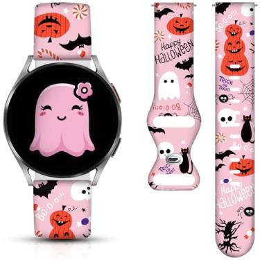 Imagem de Pulseiras de relógio de Natal e Dia das Bruxas compatíveis com Samsung Galaxy Watch 40 mm, 41 mm, 42 mm, 44 mm, 45 mm, 46 mm, pulseira de silicone de substituição de 20 mm para Galaxy Watch 5 / Watch 5 Pro / Watch 4 / Watch 4 Classic / Watch 3 (rosa Halloween)