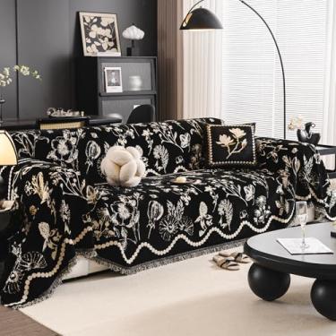 Imagem de DREAMINGO Capa de sofá floral preta de jacquard botânico para 3 almofadas de sofá de chenille aconchegante, móveis de sala de estar, futon, laváveis, GG 180 x 340 cm