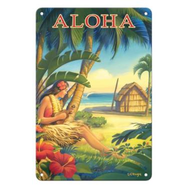 Imagem de Arte da Ilha Pacifica – Aloha – Havaí – dançarina de Hula com Ukulele – pôster de viagem havaiano vintage de Kerne Erickson – impressão artística, Multicor, 8 x 12 in Tin Sign