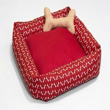 Imagem de Cama Quadrada para Pets com Almofada, Pequeno e Grande Porte, Tecido Gorgurinho Estampado (Vermelha, Grande)